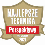 Złota tarcza z napisem "NAJLEPSZE TECHNIKA PERSPEKTYWY 2021"