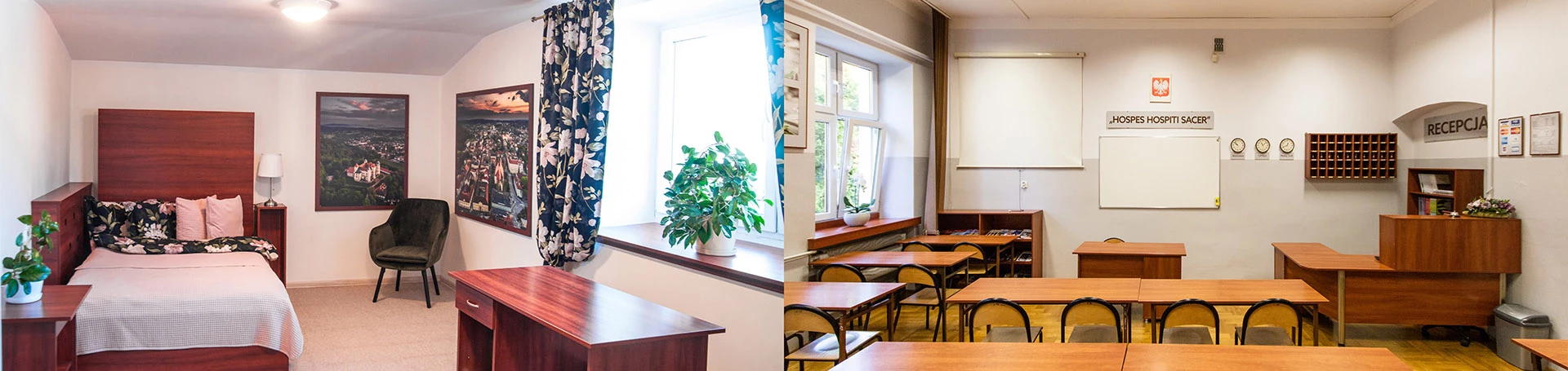 Szkolny pokój hotelowy oraz recepcja. W recepcji łaciński napis \\\\\\\\"hospes sospici sacer\\\\\\\\".