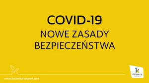 COVID-19 NOWE ZASADY BEZPIECZEŃSTWA. Czarny napis na żółtym tle.