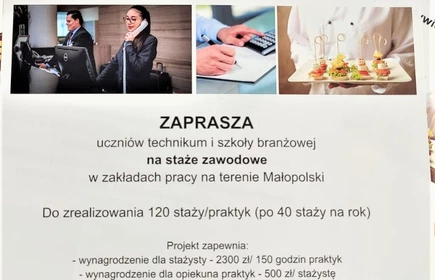 Zaproszenie dla uczniów technikum i szkoły branżowej na staże zawodowe w zakładach pracy na terenie Małopolski